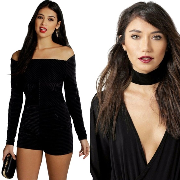 Boohoo Pants - nwt velvet bardot romper black choker size small 6